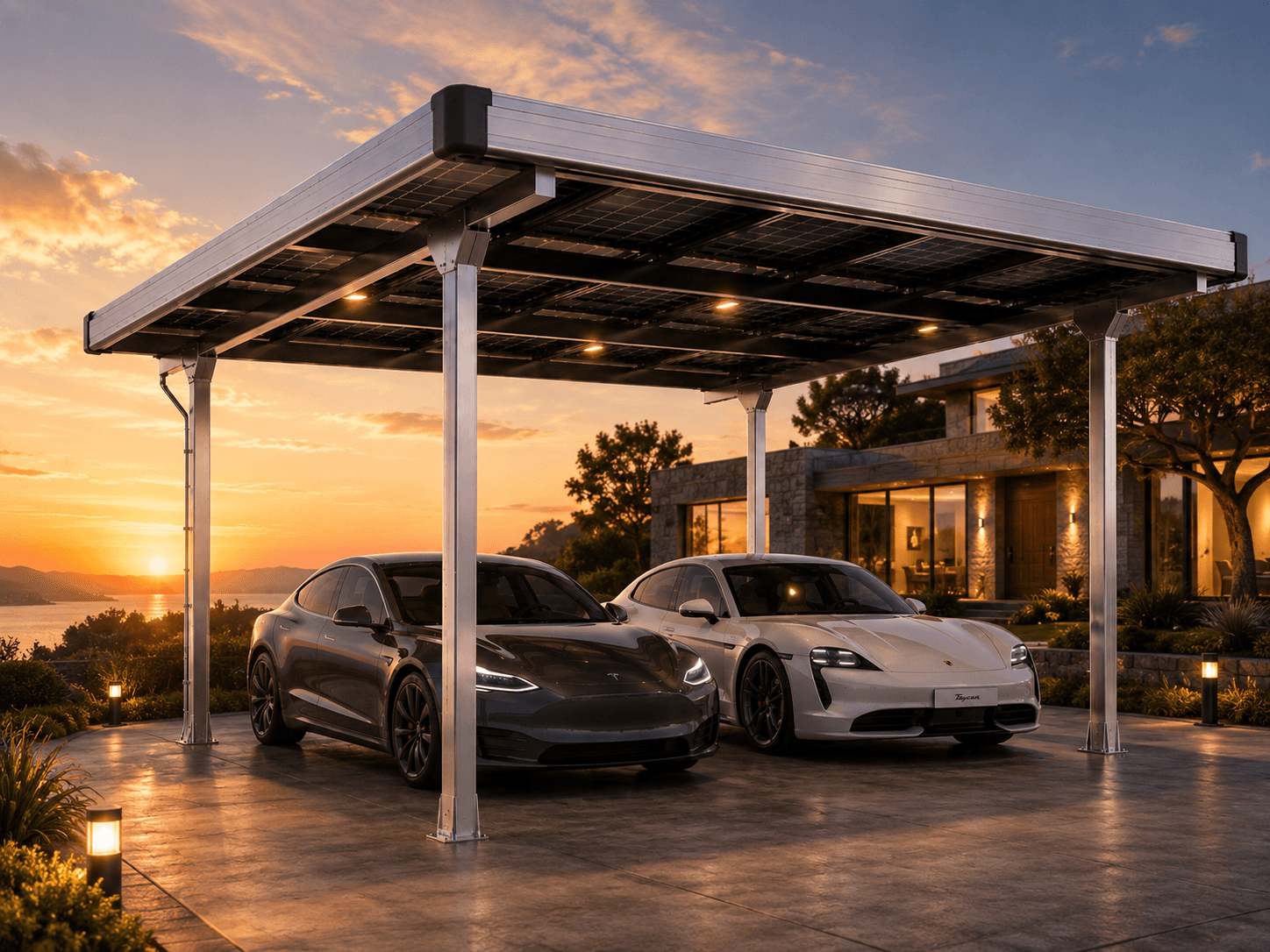 SOLYPOD solar carport above an electric car