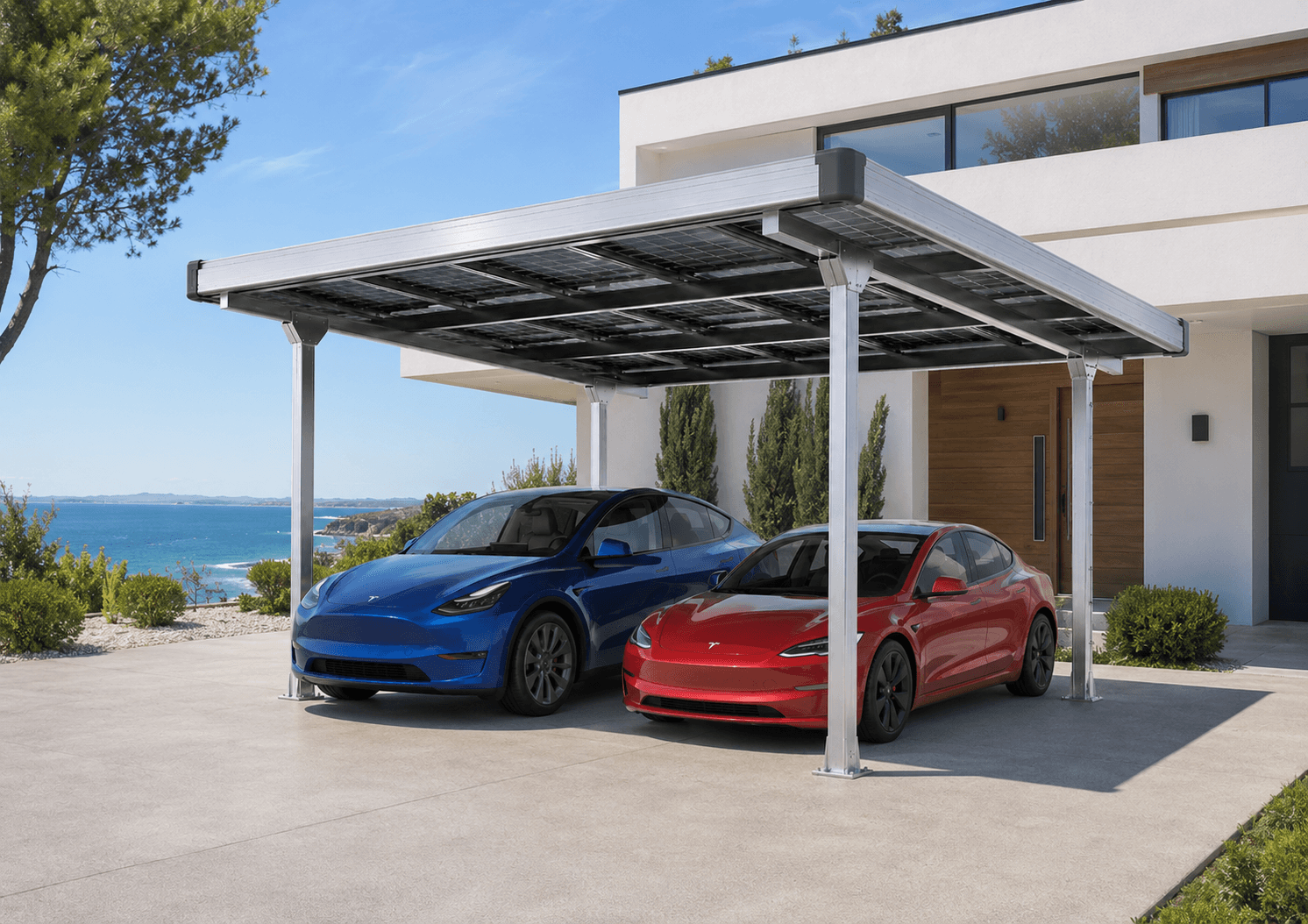 Two-car SOLYPOD aluminium solar carport with two electric cars parked in front of a seaside villa