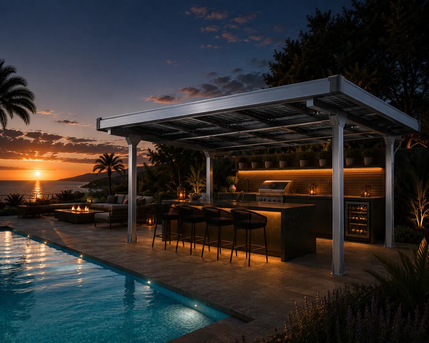 Solar pergola sheltering an outdoor kitchen by a pool, at night