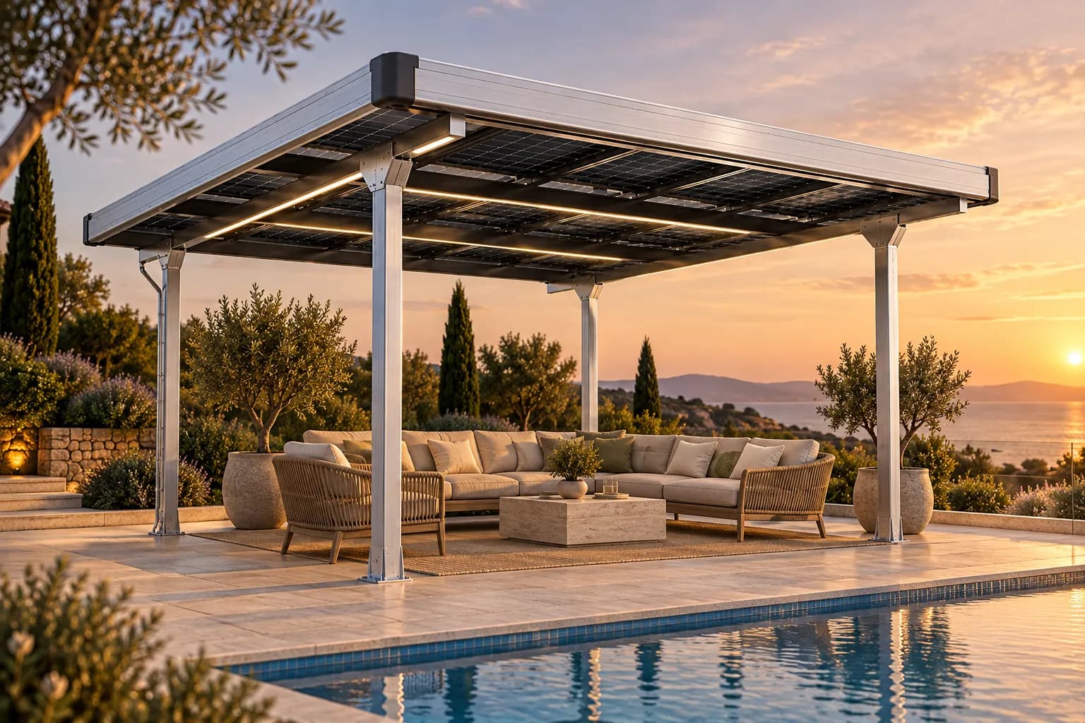 Solar pergola over an outdoor lounge by a pool