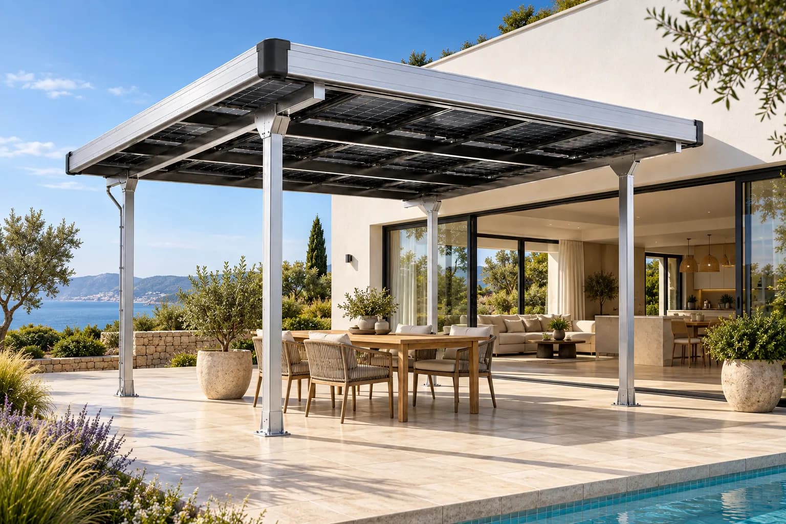 Solar pergola over a terrace with a dining table