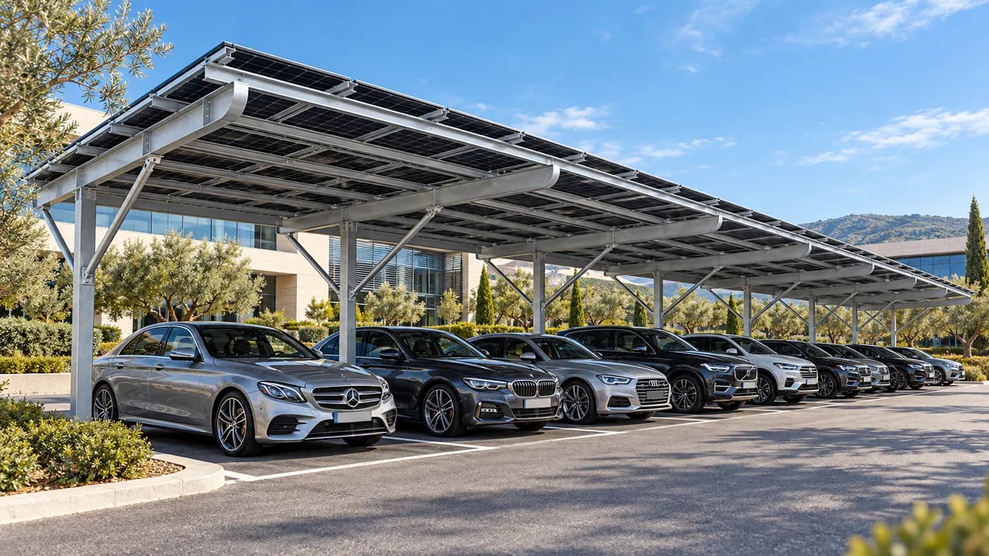 SOLYPOD solar carports in a commercial car park