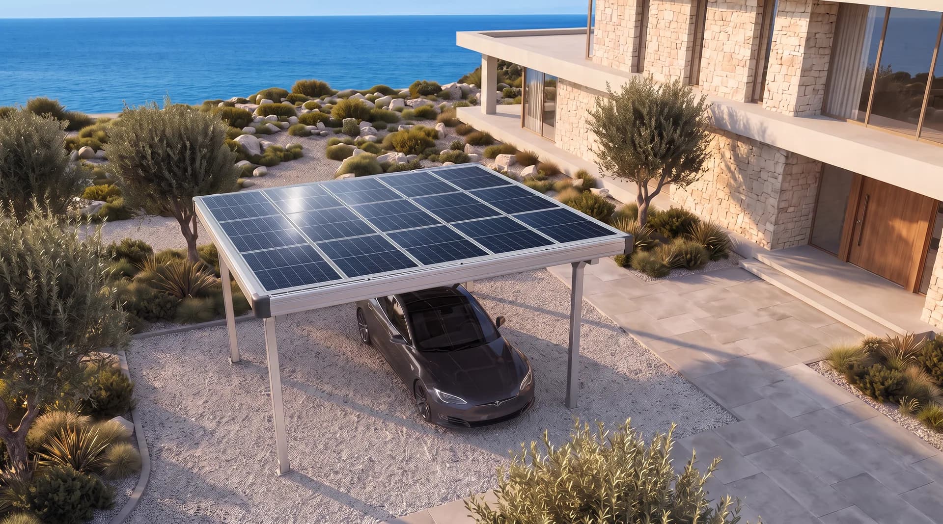Elevated view of the carport’s solar roof in front of the contemporary villa