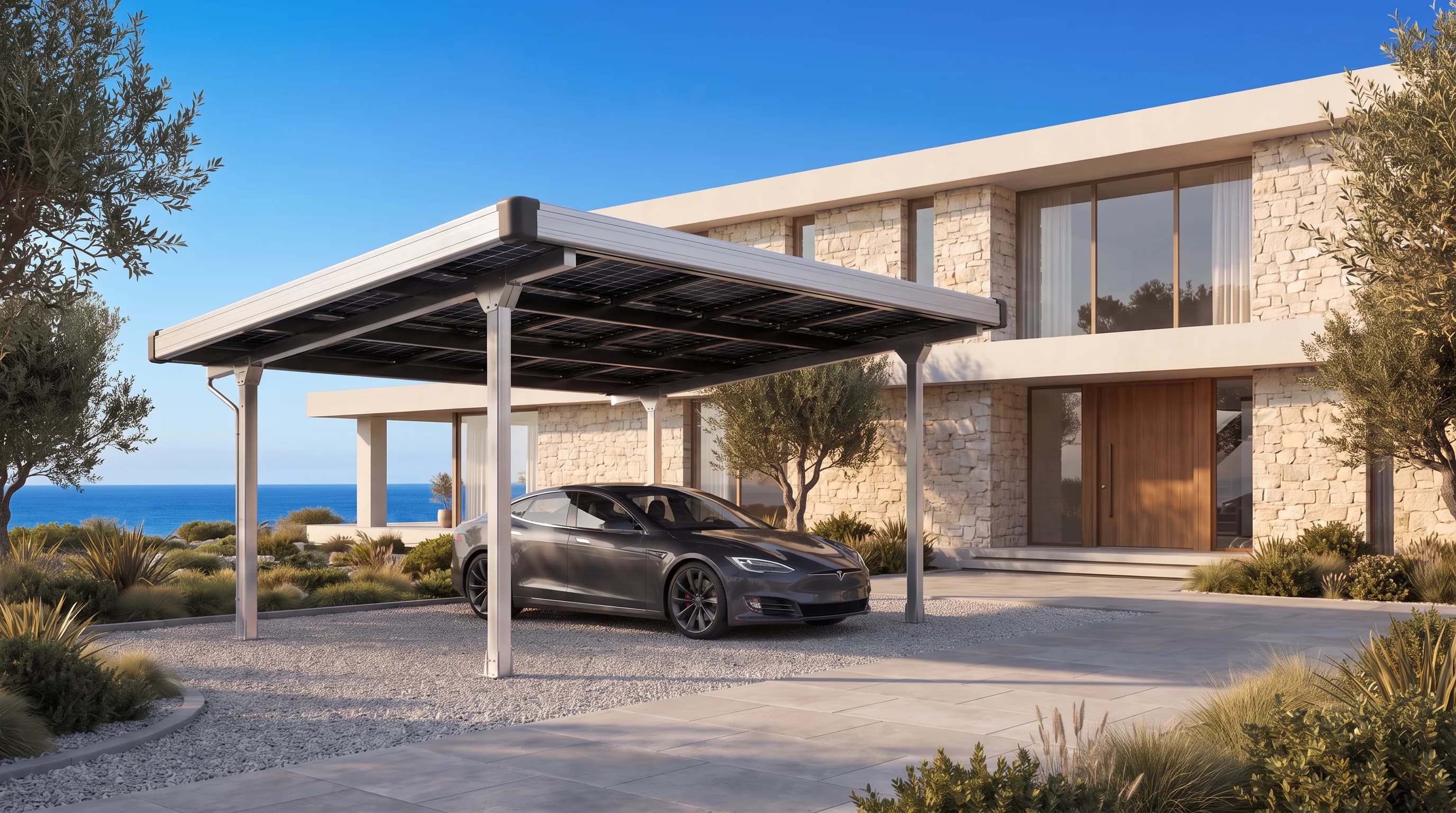 Aluminium solar carport in front of a contemporary villa and garden